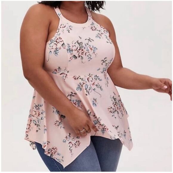 Torrid Womens Top Pink Floral Halter Neck Empire Waist Handkerchief Hem Goddess - Picture 1 of 11
